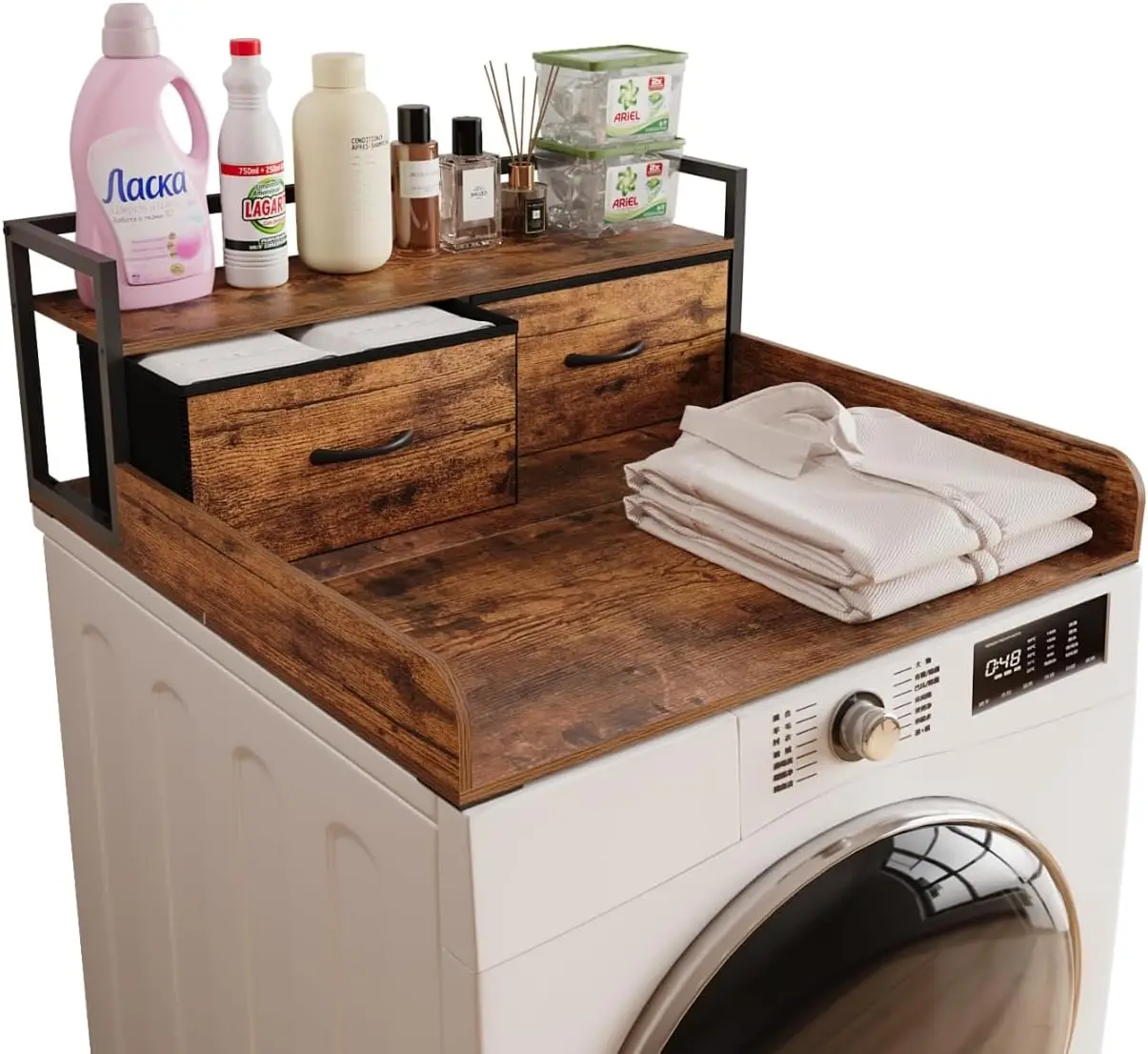 

2-Tier Washer Dryer Countertop with Shelf and Fabric Drawer, Laundry Topper with Guardrail and Non-Slip Pad, Rustic Brown Single