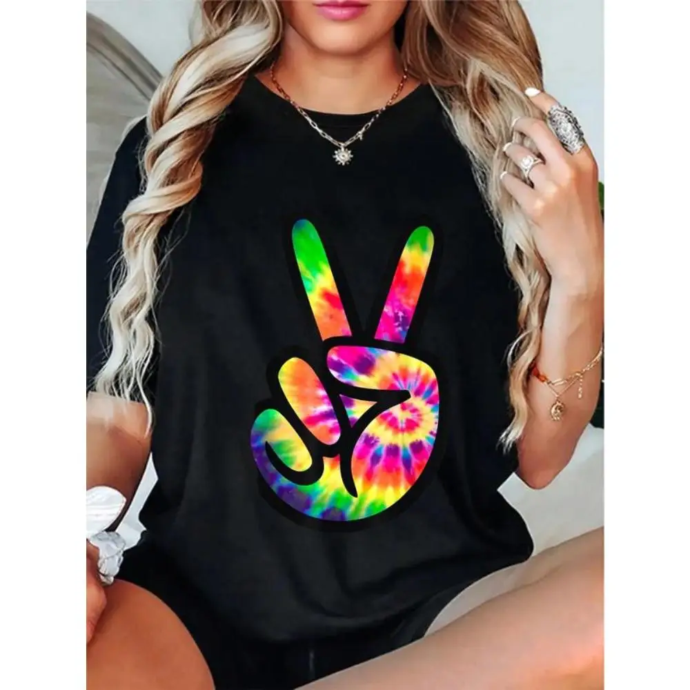 

Tie Dye Peace Sign T-Shirt - Rainbow V Sign Retro Hippie Graphic Tee, Vintage Music Festival Freedom Gift for Women, Groovy Top