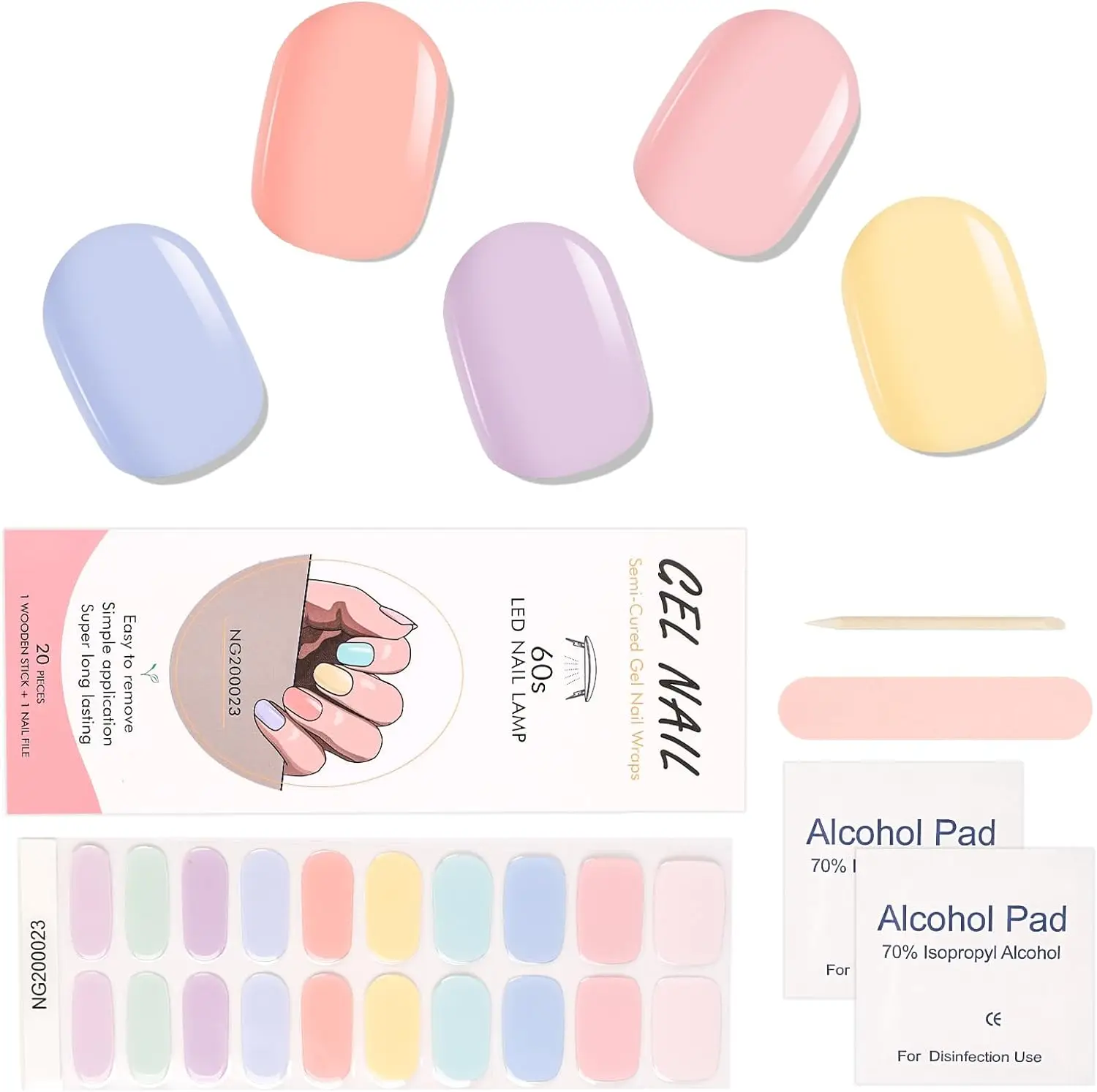 20Tips Semi cured gel Nail Patch Solid Pink Macaron Adhesive Slider Long term Full coverage Nail Patch UV Lamp Need