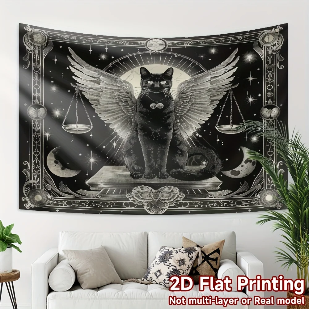 Magic Black Cat Wall Hanging Tapestry, Gothic Moon Phase Wing Feline Witchy Art Decor Fabric, Dark Ornament For Home Room Space