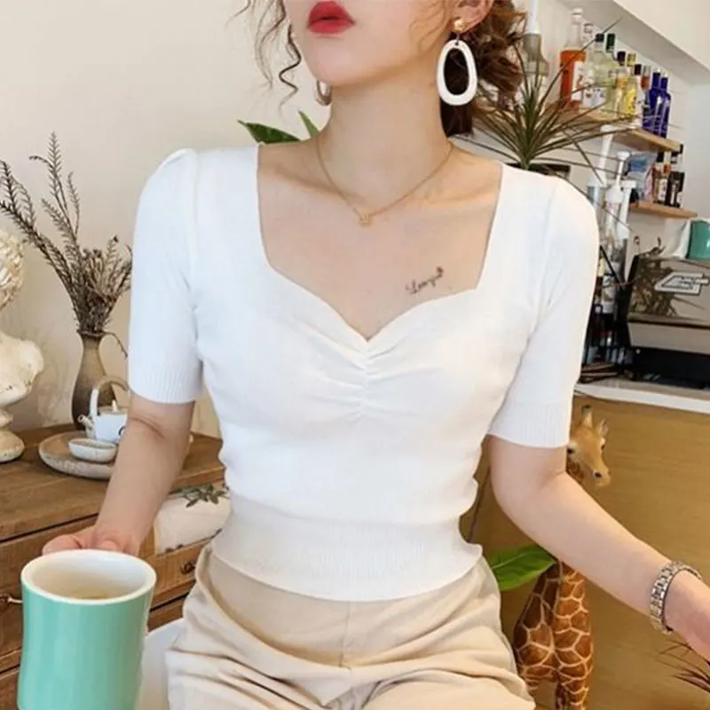 Women Monochromatic Square Collar Short Sleeve T-Shirt, Slim Top, Elegant Clothes, Sexy, All-match, Office Lady, Summer Fashion