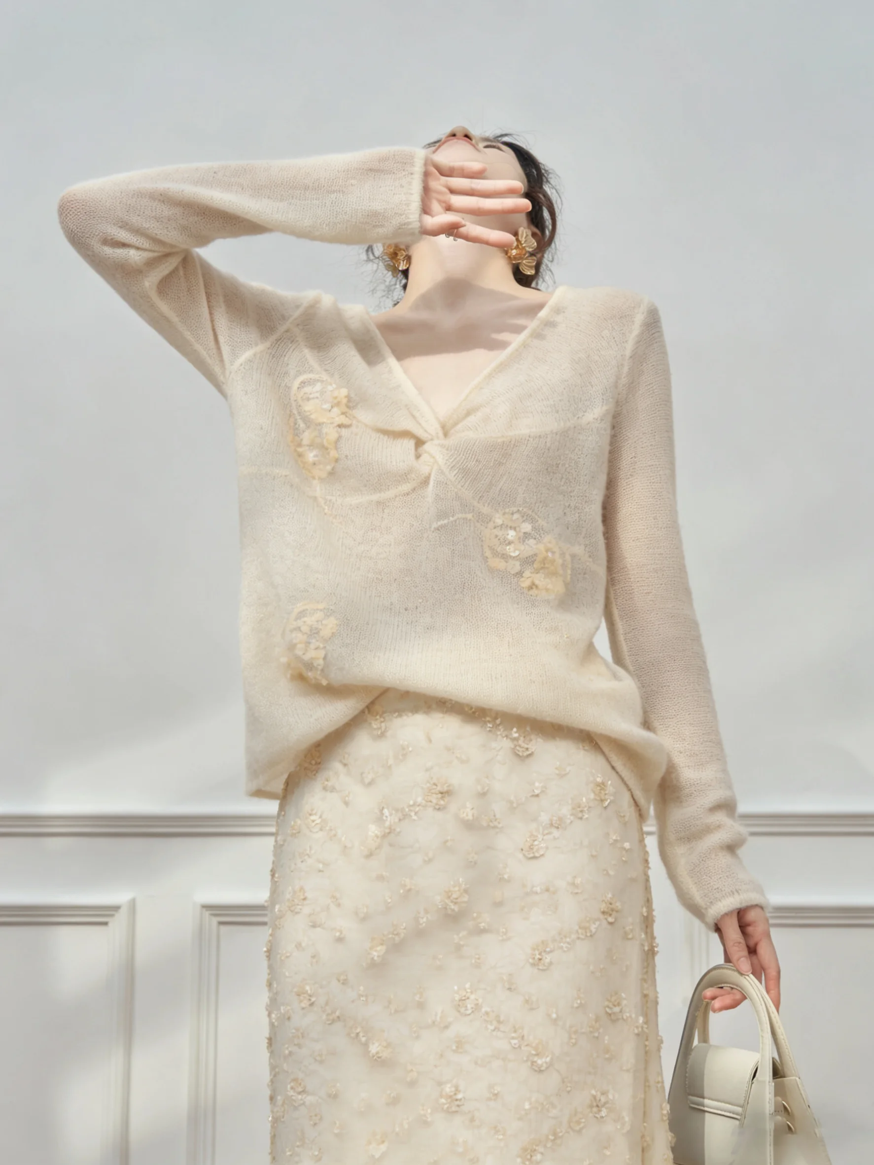 

Millet Apricot Open Cardigan Hollow out Knitted Sweater Spring New Style Women's Casual V-Neck Long Sleeve Top Elegant