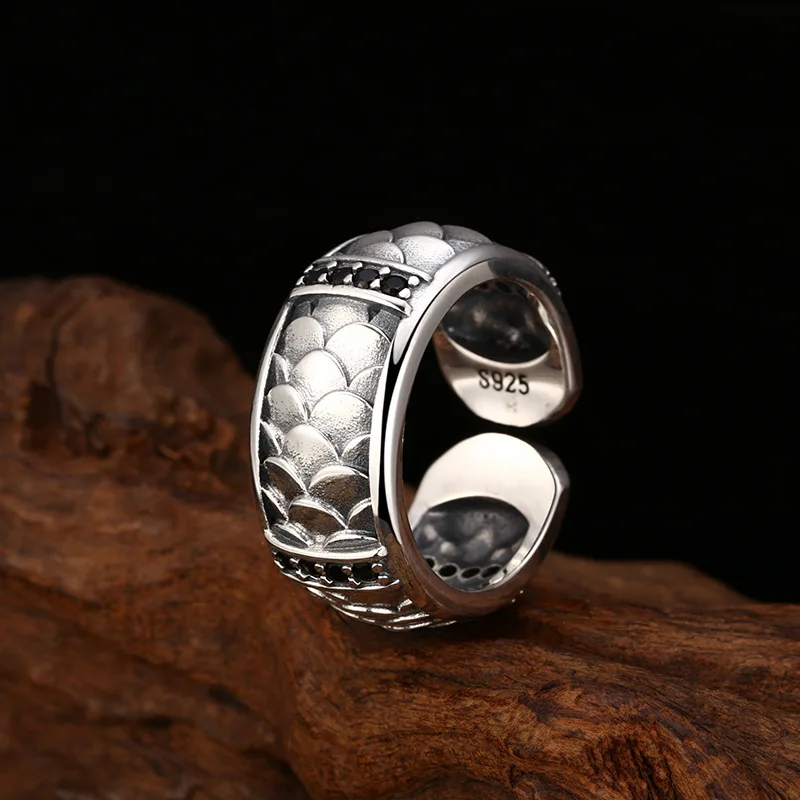 S925 Sterling Silver Dragon Scale Adjustable Ring Punk Style Old Process Black Zircon Free Size Women Fine Jewelry FYRNG156