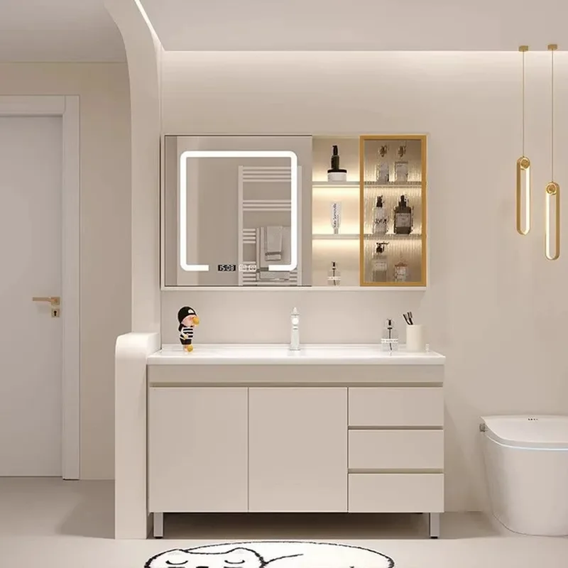 for Modern Simple Smart Floor Type Ceramic Washbasin Integrated with Bathroom Cabinet and Cream Combination Hand Wash