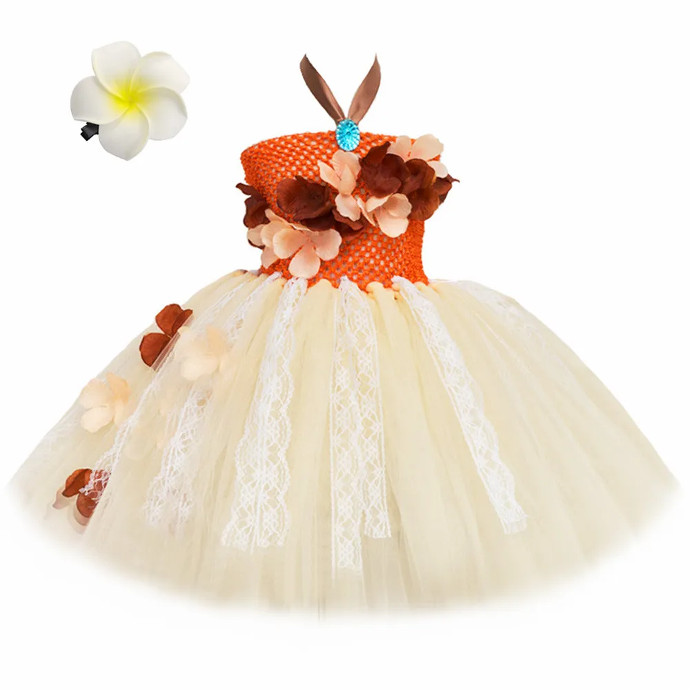 Princess Dress Costume for Girls Polynesian Tutu Dress Up Kids Hawaiian Tribal Beach Themed Halloween Birthday Party Tulle Dress