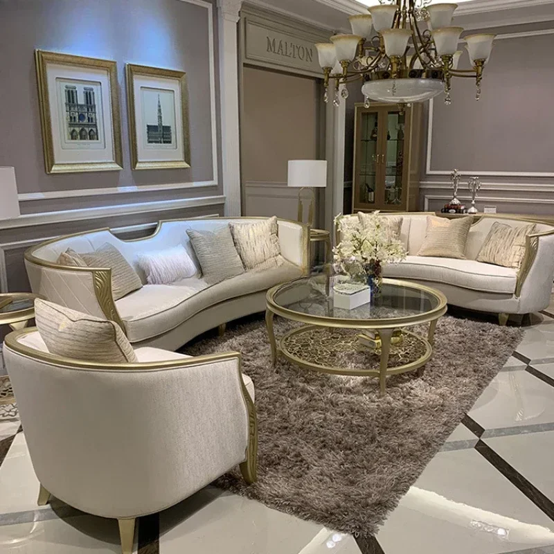 

Fabric solid wood sofa full set of luxury curved carved soft sofa living room 1 + 2 + 3 villa sofa