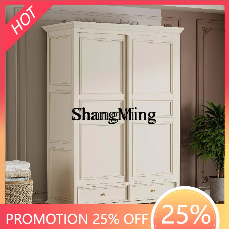 SM push-pull wardrobe master bedroom pure solid wood simple small apartment rural storage wardrobe milky white.