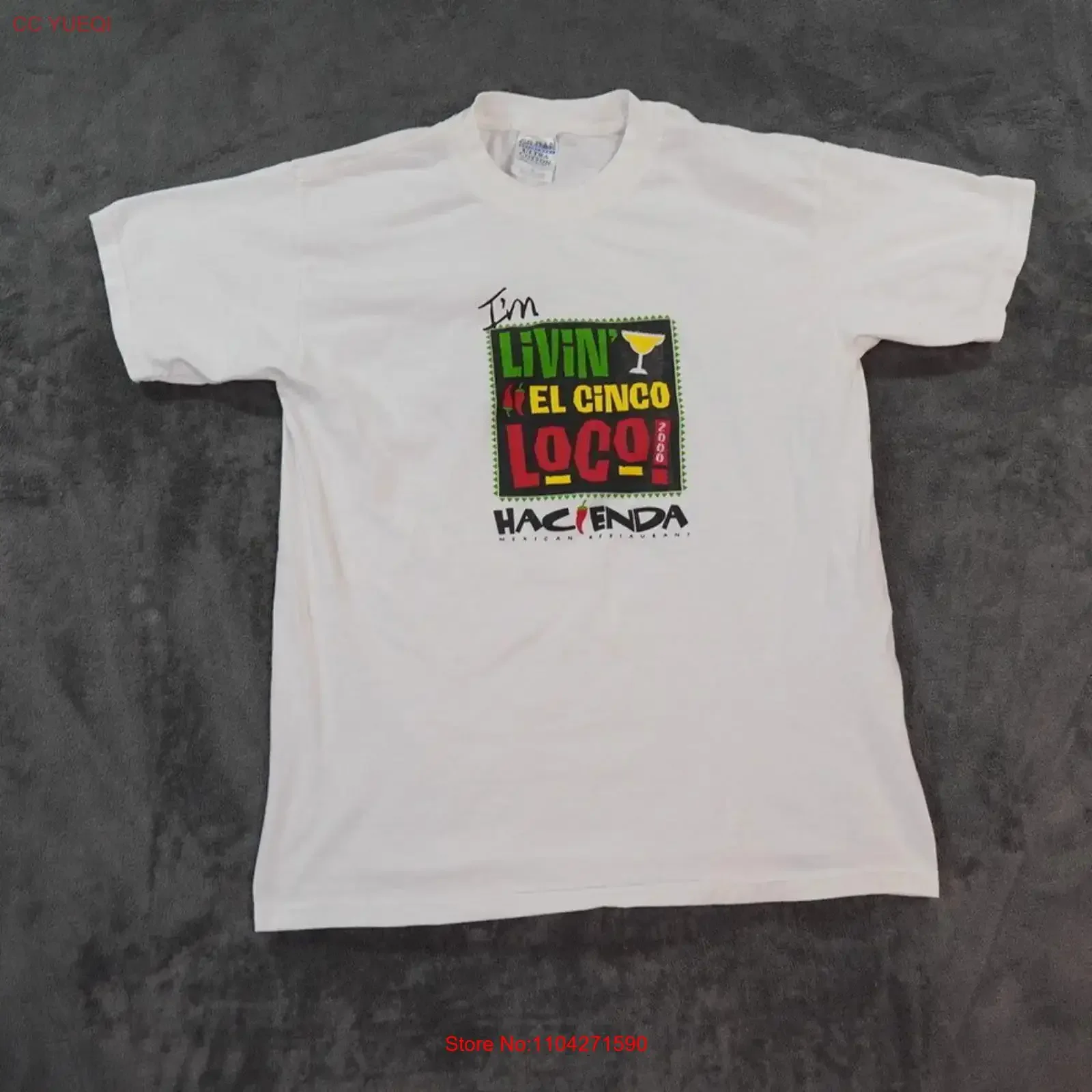 Camiseta VTG Hacienda Mexican Restaurant para adulto, talla M, blanca, Cinco de Mayo, estilo Y2K 2000, vintage, lavada, ligeramente versátil, con gráfico.
