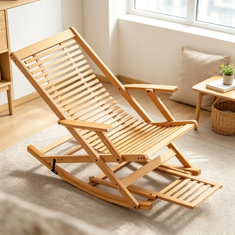 Foldable Bamboo Recliner Lounge, Rocking Sofa Bed for Balcony, Breathable Adult Relaxing Chair, Senior Comfort Rest Seat