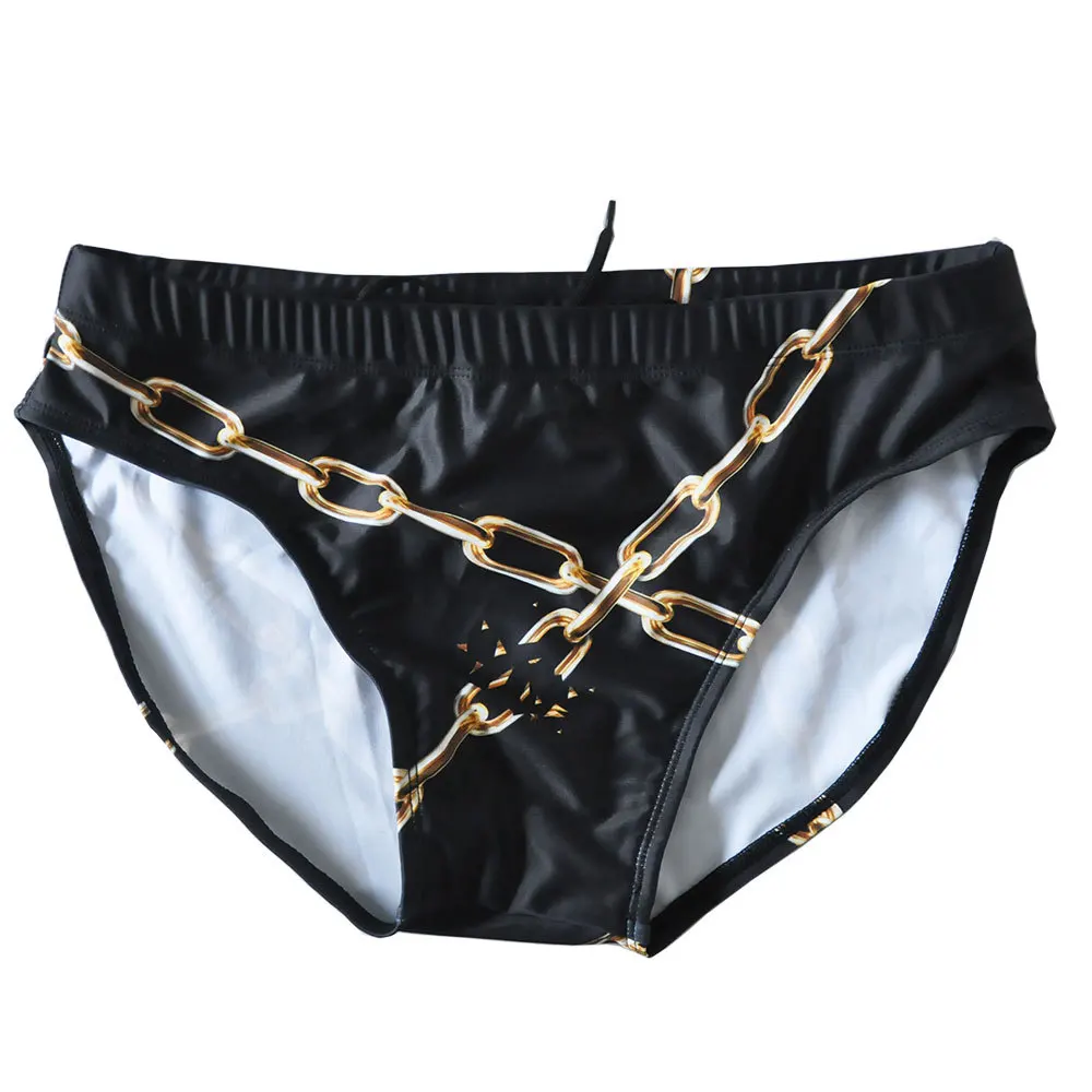 New men's nylon chain printing close-fitting triangle fashion double-file foreign trade code swimming trunks men's 0590