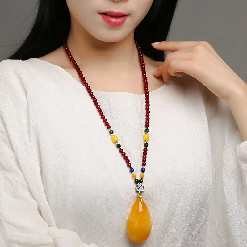

Natural Amber Beeswax Sweater Chain Chicken Fat Yellow Water Drop Shape Unisex Long Pendant Versatile Jewelry