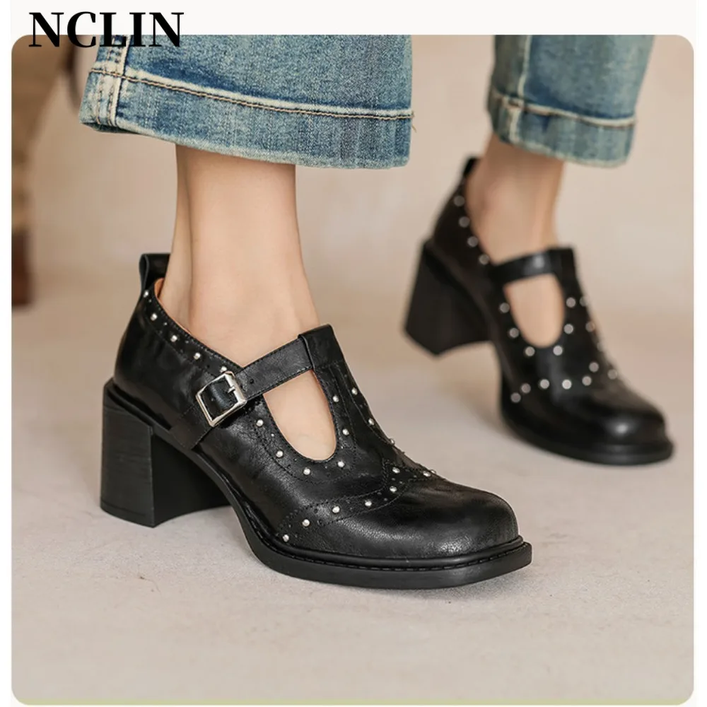

2025 Mary Jane Shoes Women Retro British Style Hepburn Black High Heel One Word Buckle Thick Heel Square Head Single Shoes Women