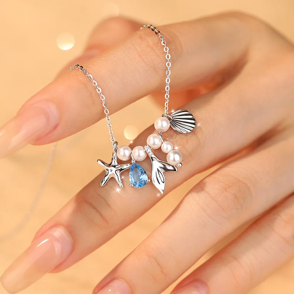 

S925 Серебряное ожерелье из ракушек морской звезды, женские круглые бусины с французским хвостом, капля воды, милая цепочка на ключицы, свадебные украшения