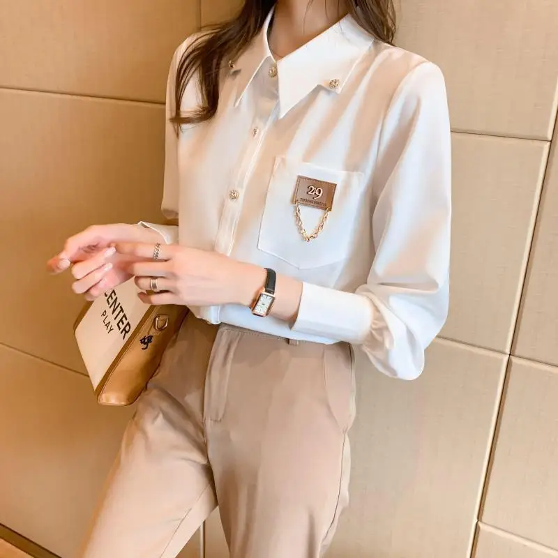 White Shirt Women's Spring and Autumn High-End Anti-Wrinkle Professional Chain Shirt Pointed Collar Chiffon Shirt Women's Top