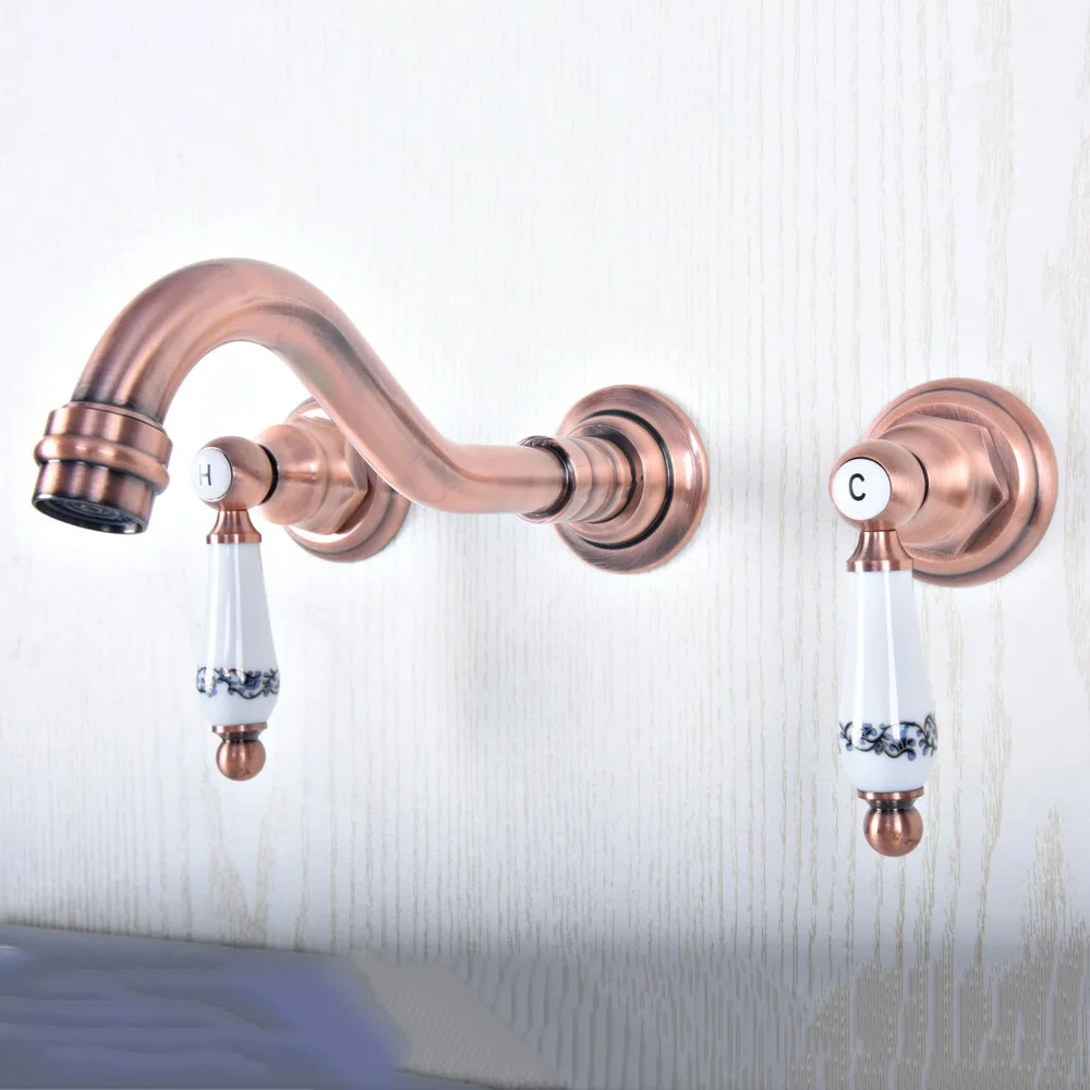 

Antique Red Copper Bathroom Sink Mixer Tap Faucet Dual Handles 3 Holes Mixer Tap Wall Mounted Bathroom Faucet zsf503