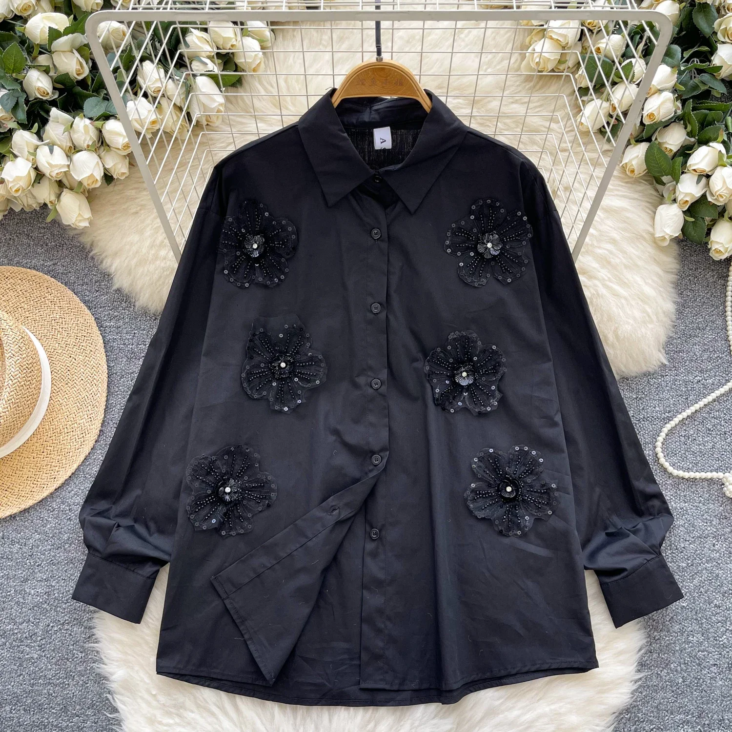 Chic Embroidered Beads Floral Basics Long Sleeves Elegant Polo-neck Loose Single Breasted Top Sweet High Street Autumn Clothing