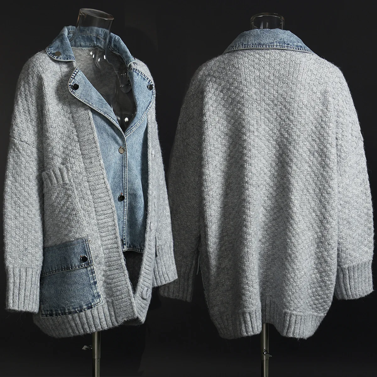 Women Jacket Denim Sweater Thickened Coat Loose Sweater Spliced Fake Two Piece Cardigan