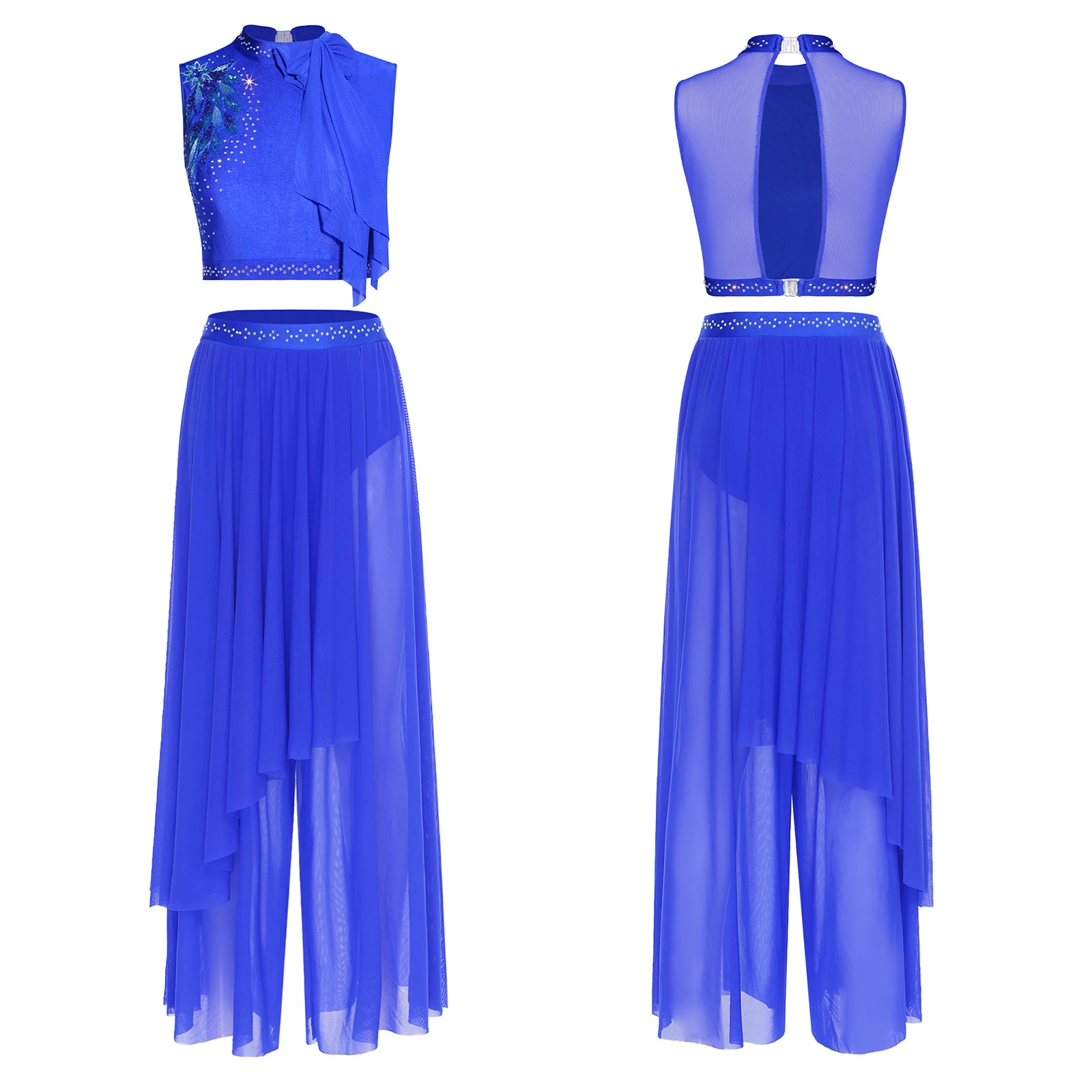 Women Modern Lyrical Dance Outfit Sequin Embroidery Sleeveless Crop Top And Mesh Wide Leg Pants Skating Ballet Contemporary Suit