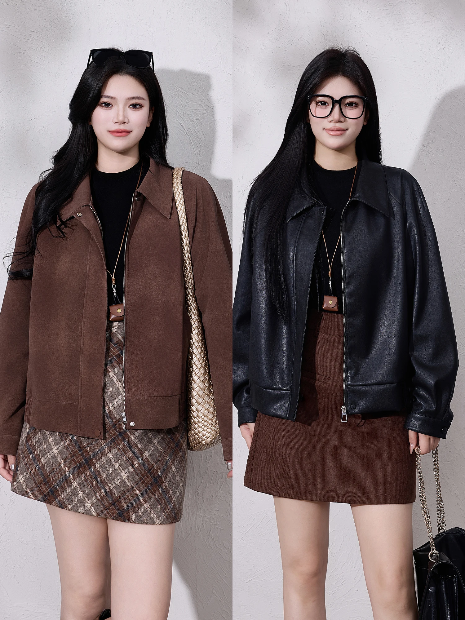 

Casual Sle plus Size Women's Leather Jaet Warmth Conceal Flattering Versatile Autumn Wear for Young Women 25-29 Years Old