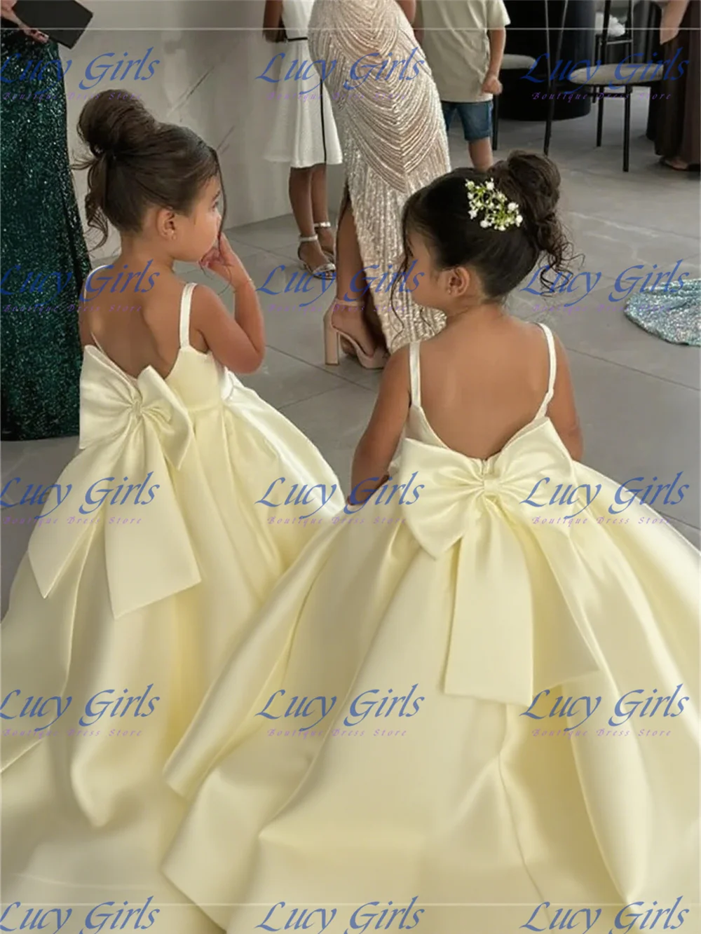 Quality Lovely White Satin Fluffy With Big Bow Flower Girl Dress For Wedding Birthday Party First Communion Evening Ball Gowns image 6
