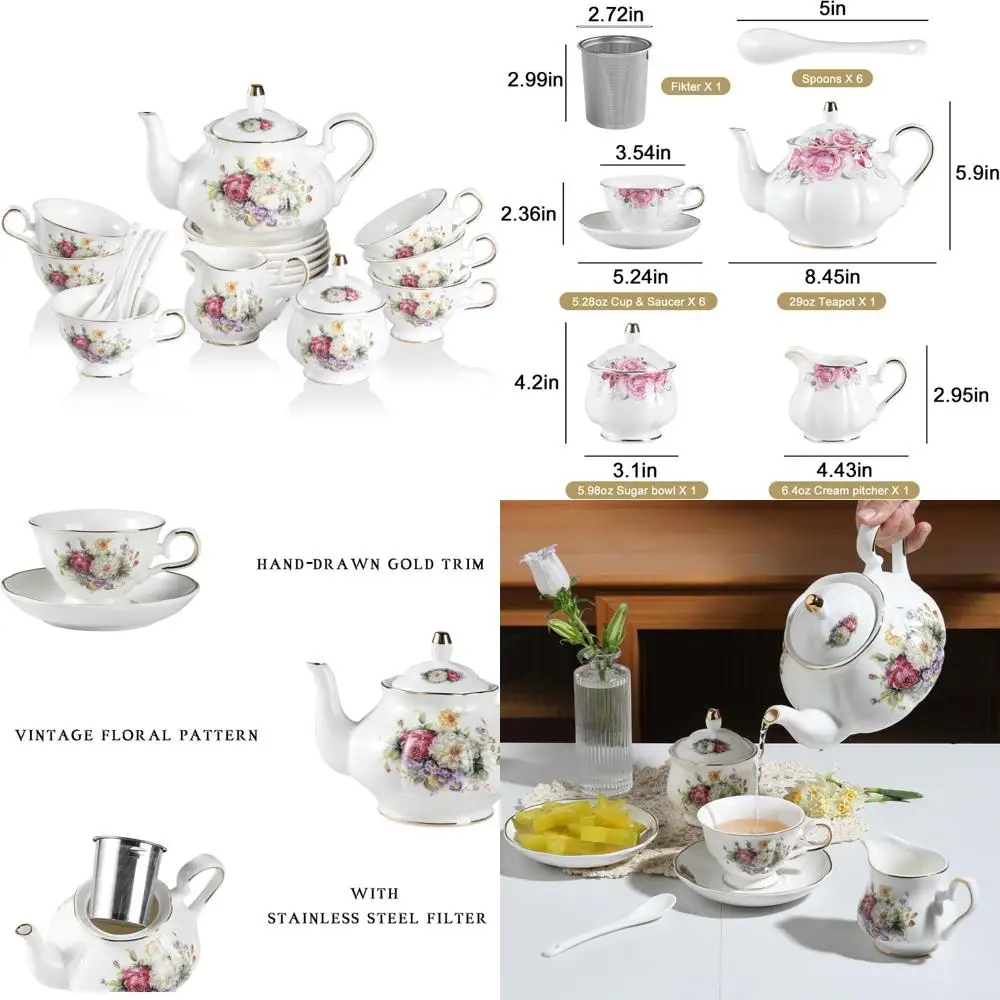 

Vintage Floral British-Style Gold-Rimmed Porcelain Tea Set, Service for 6 with Teapot, Cups, and Saucers, Ideal for Tea Lovers a