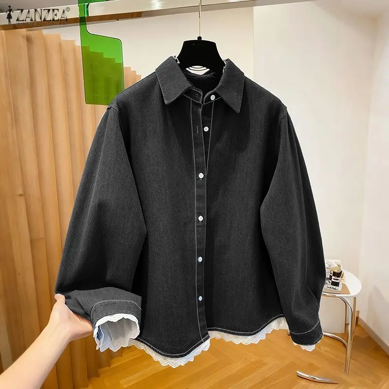 ZANZEA Mode Shirts Frauen Langarm Bluse Feste Spitze Patchwork Tunika Tops Herbst Revers Elegante Büro Streetwear OL Blusas