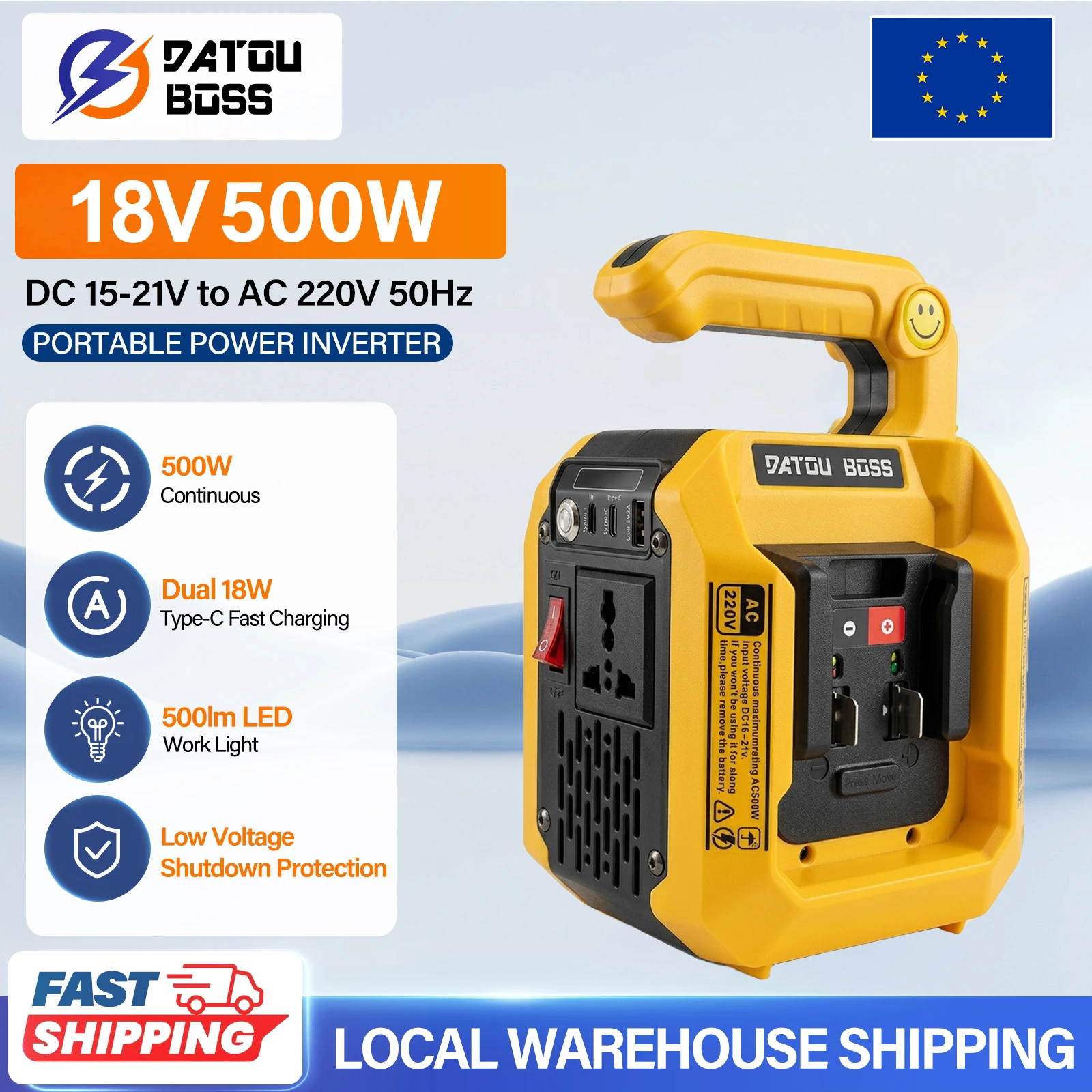 Inverter di potenza Datouboss Dac500W per batterie da 18V-21V, 500W, onda sinusoidale pura, presa europea 220V, doppia porta Type-C, 18W, per campeggio, emergenze e uso domestico