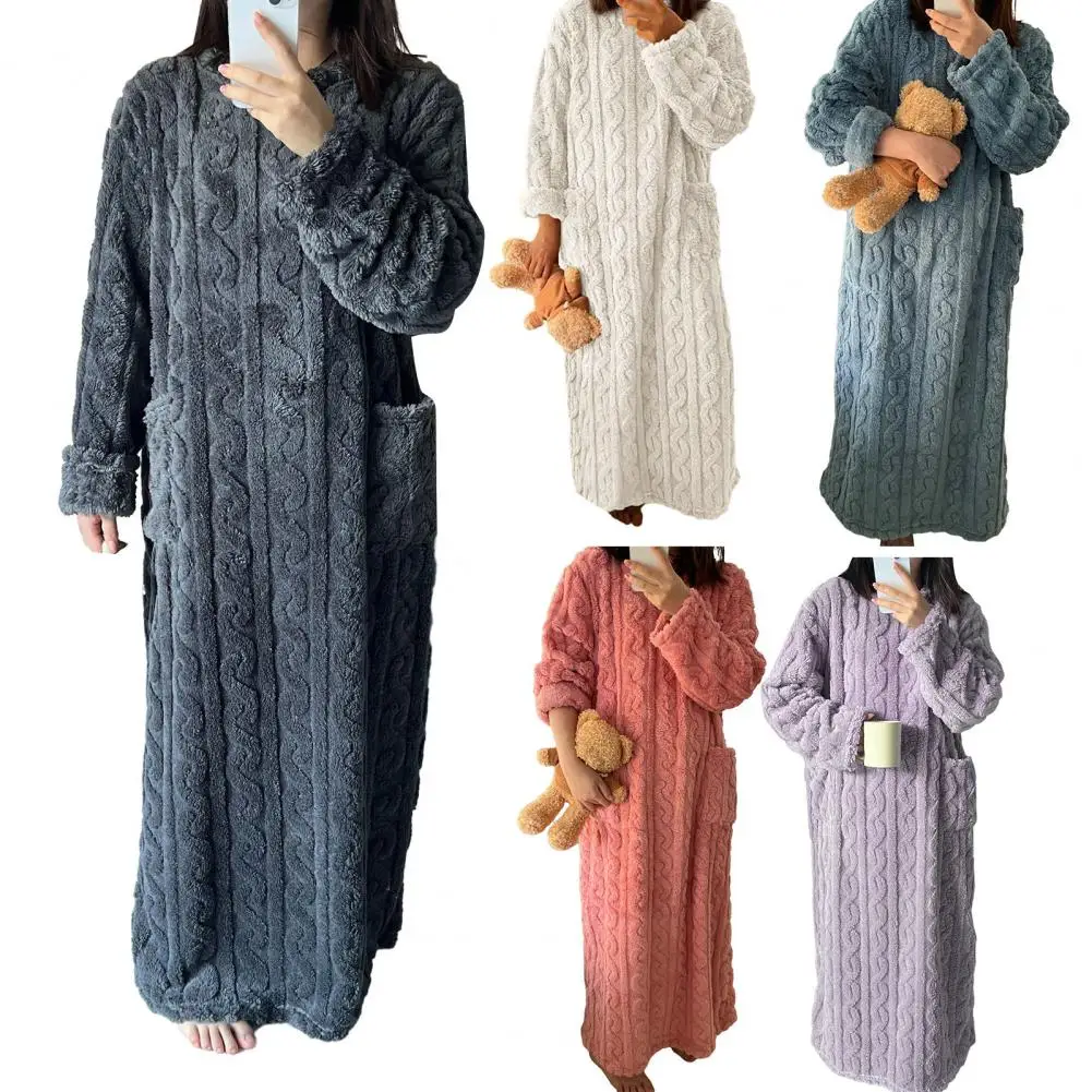 Winter Long Sleeve Double Pocket Flannel Nightgowns Women Loose Solid Sleepwear Jacquard Night Dress Thickened Warm Nightdress