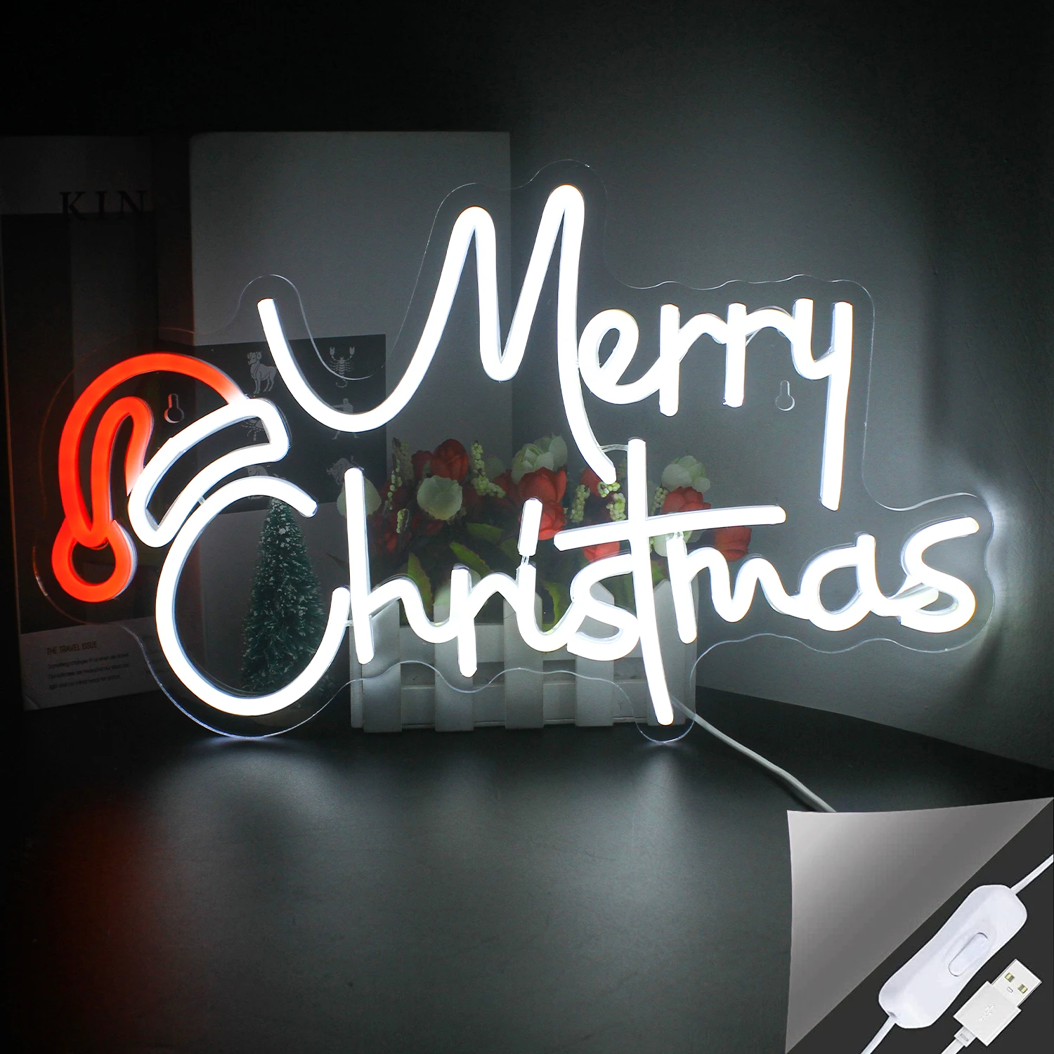 Merry Christmas Neon Sign Wear A Hat Led Light For Wall Decor Christmas Party Room Decoration Dimmable For Home Bedroom Club USB