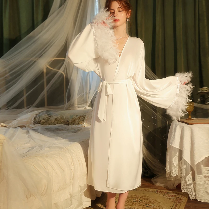 

Белые шелковистые расклешенные рукава, халаты с перьями, атласная сексуальная одежда для сна с длинными рукавами, женский халат, свадебное платье, платья невесты, ночная рубашка