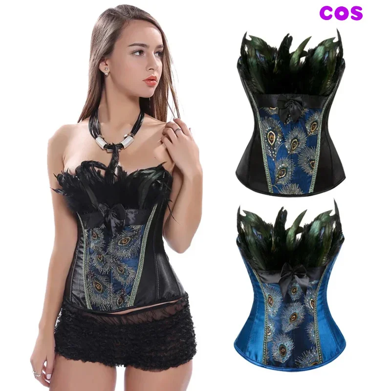 A Corsets Steampunk Feather Peacock Glitter Pirate Showgirl Bustier Top Basque Carnival Costume for Women Party Club Night Femme