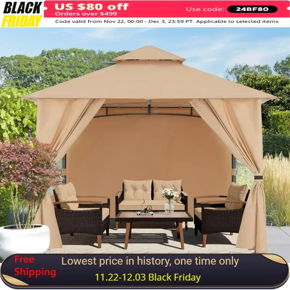 

8x8 Gazebo, Patio Screened Gazebos with Curtains and Windows for Deck, Lawn and Backyard, Patio Umbrellas Tents