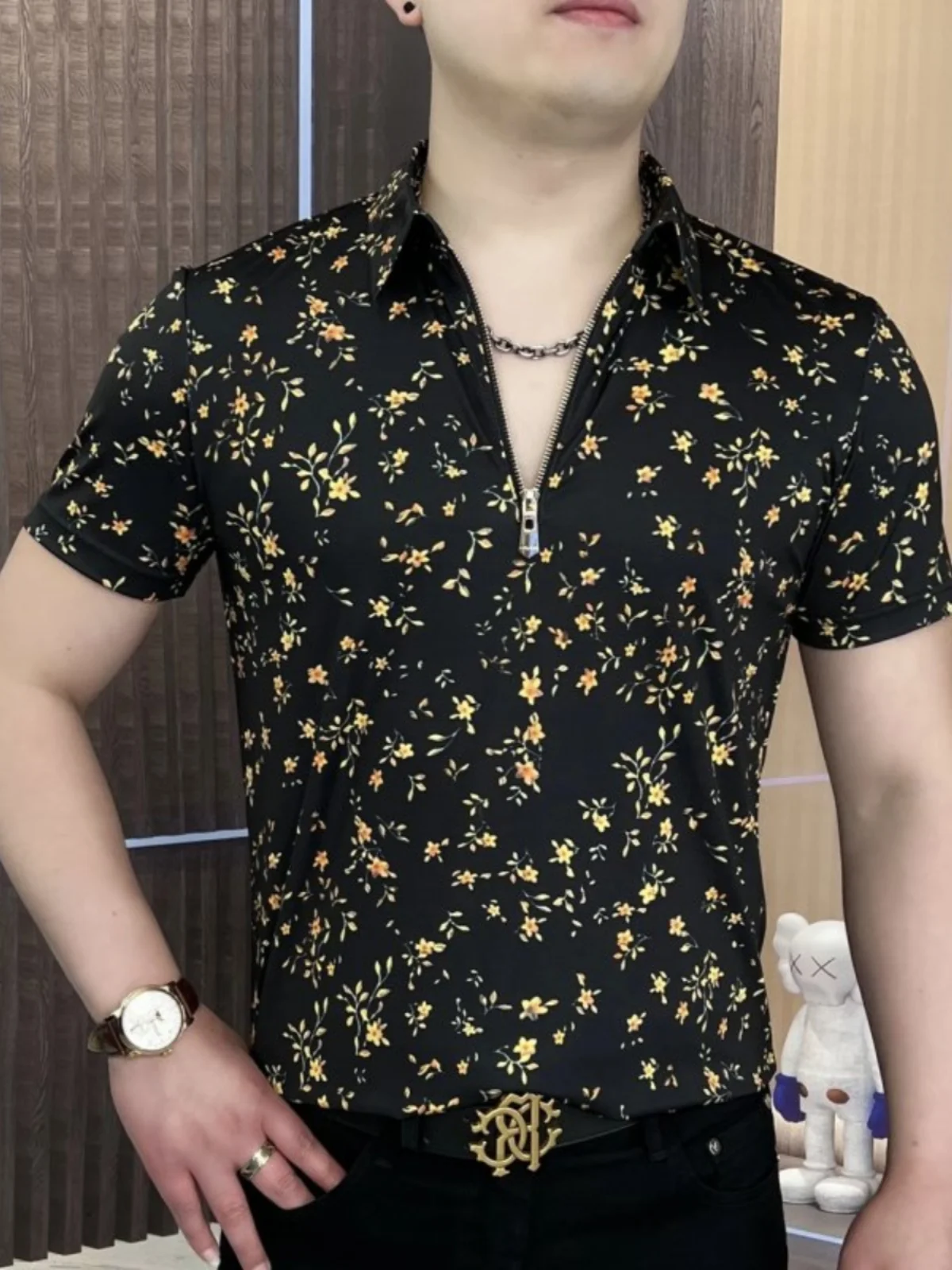 

Мужская летняя футболка из ледяного шелка ort Sve с воротником-молнией, легкая дышащая, с цветочным принтом, кондиционер...