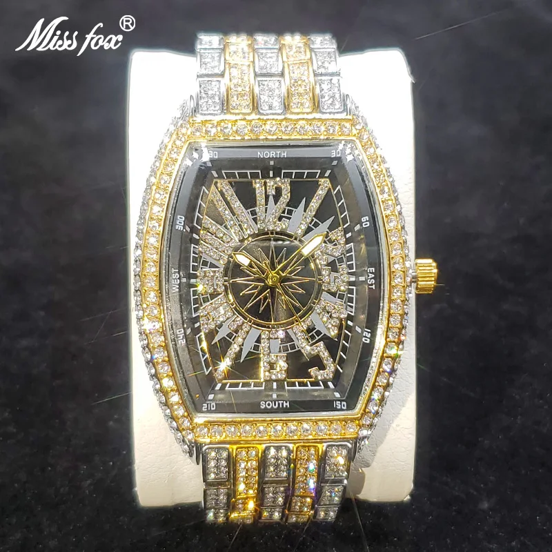 Unique Two Tone Watches For Men High Quality Stainess Steel Inlay Diamond Watch Bling Shiny Iced Out Tonneau Clock Gift For Man