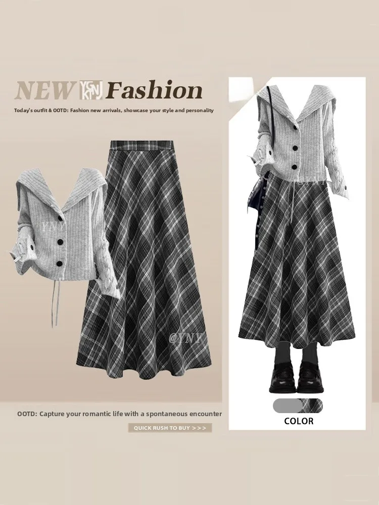 

ay Korean College Sle Loose ort Knitted Sweater And Plaid Skirt Two Piece Set for Women Autumn Winter Faion