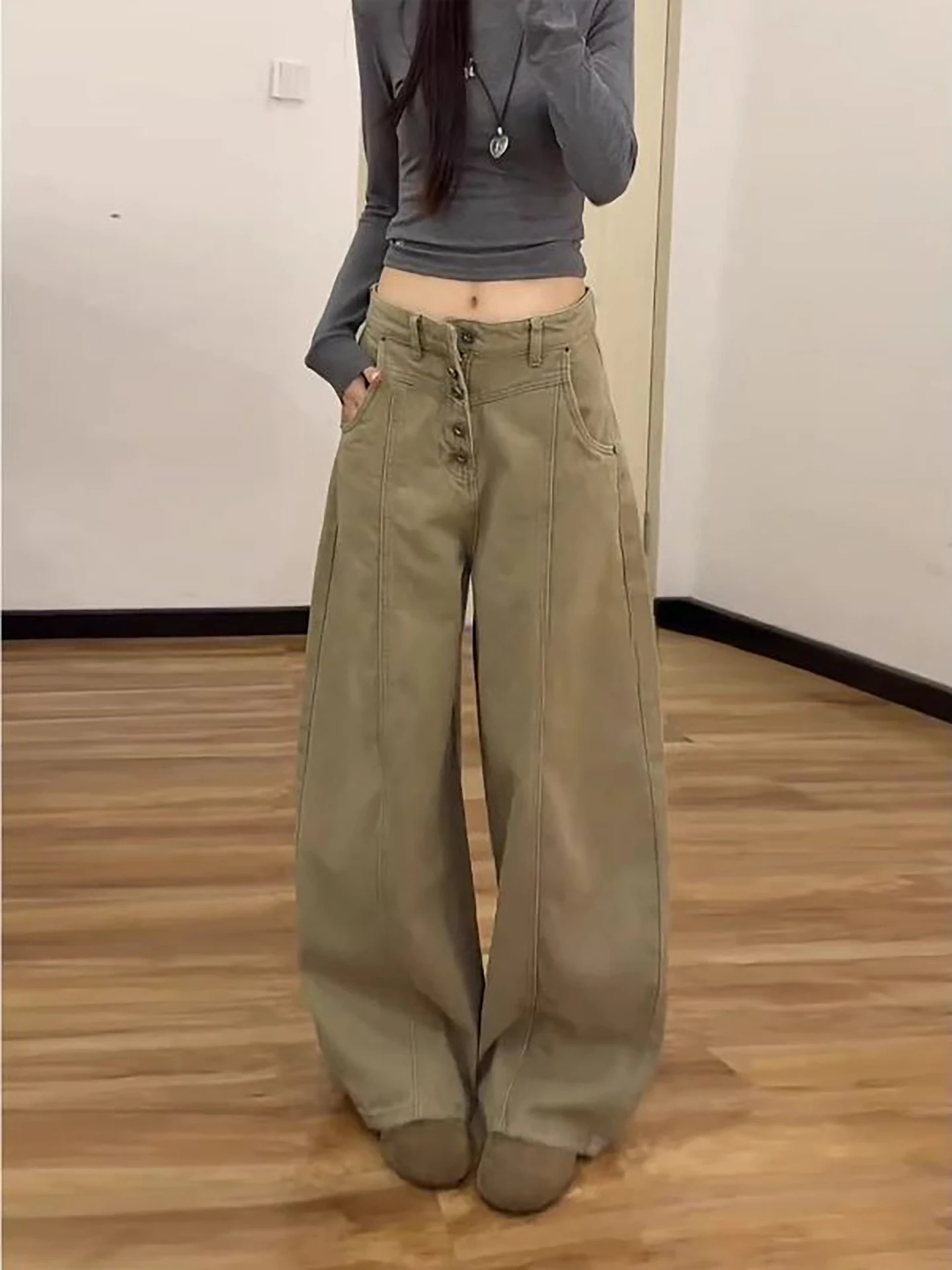 

American Retro High Waist Wide Leg Denim Pants Women's Spring Khaki Loose Slimming Knife Jeans Casual Comfortable Fit
