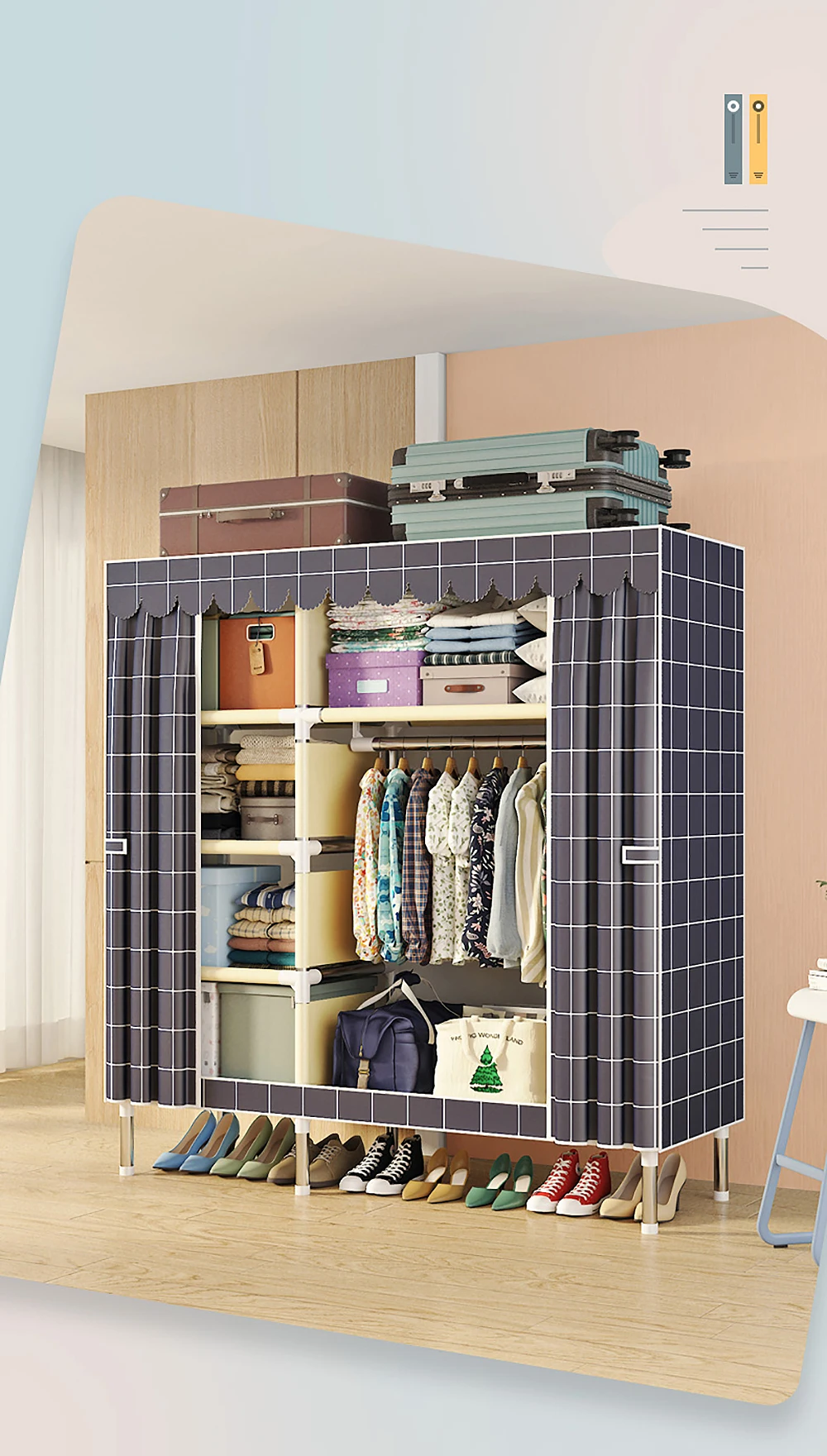 Grey grid Non-woven Cloth Wardrobe Folding Portable Clothing Storage Cabinet Dustproof Cloth Closet Simple Bedroom Multipurpose