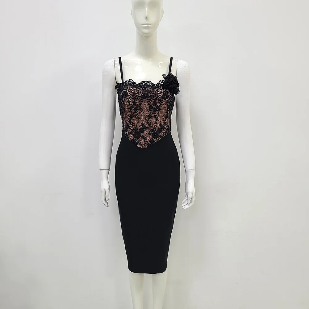 女性のためのセクシーなレースのドレス,スパゲッティストラップ,花のアップリケ,ボディコン,パーティー,包帯,ノースリーブ,有名人,夜,ランウェイ,パーティー