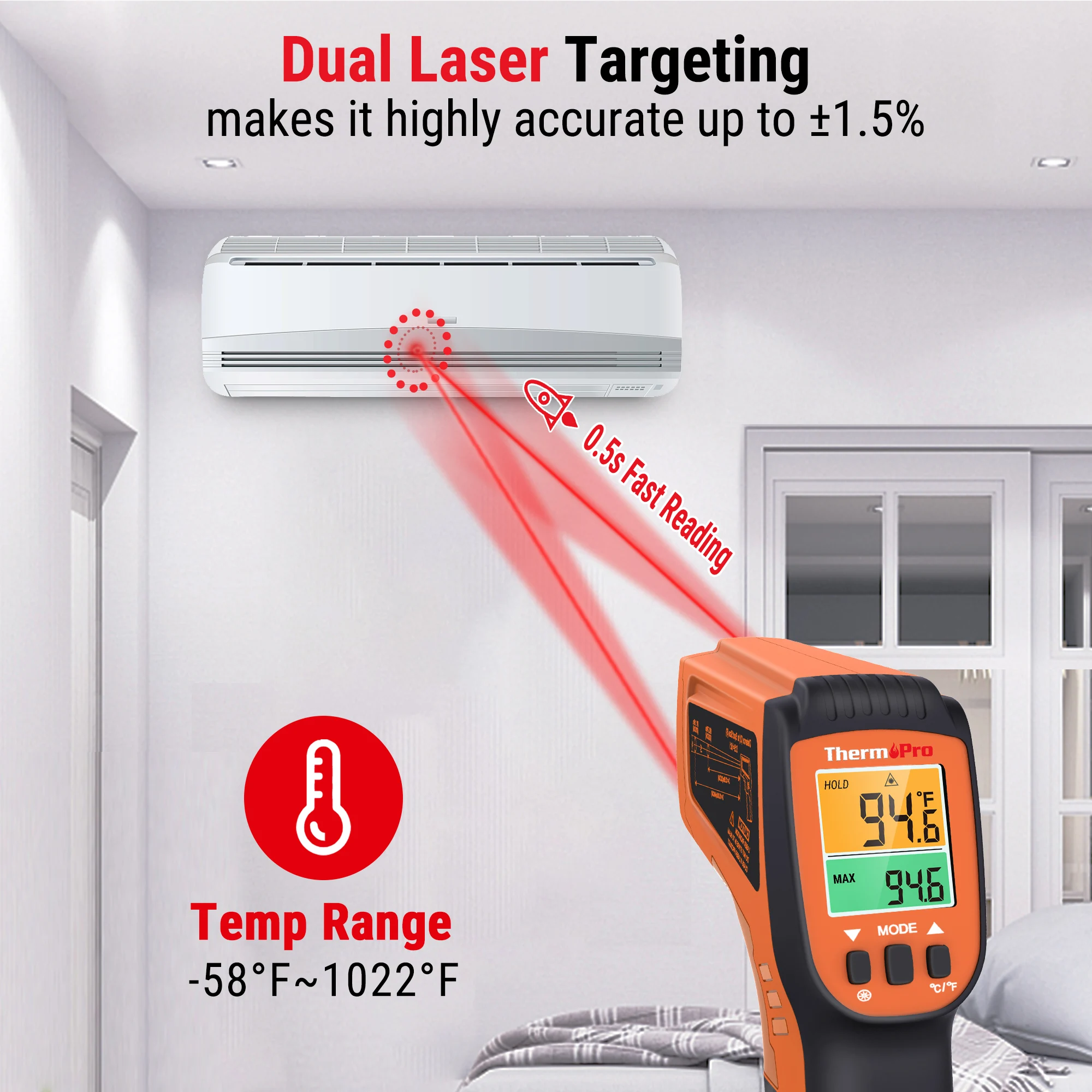 ThermoPro TP450 Digital Infrared Thermometer Dual Laser Temperature Gun with Adjustable Emissity for Pizza Oven Grill Cooking