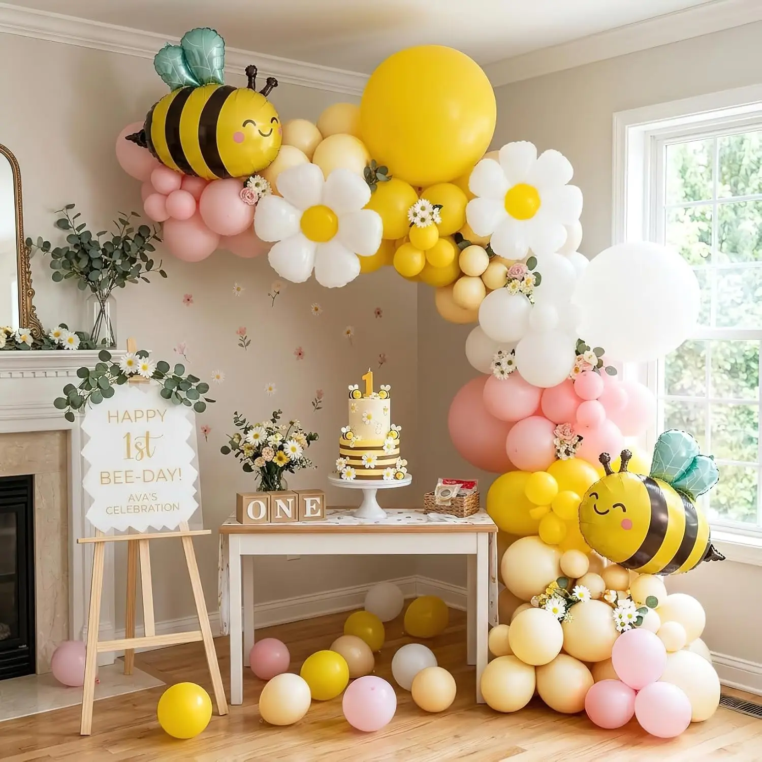 134-teiliges Gelb-Rosa Bienen-Ballon-Girlanden-Set, Bienen-Gänseblümchen-Ballons für Babyparty Kindergeburtstag Bienen-Themenparty Dekoration