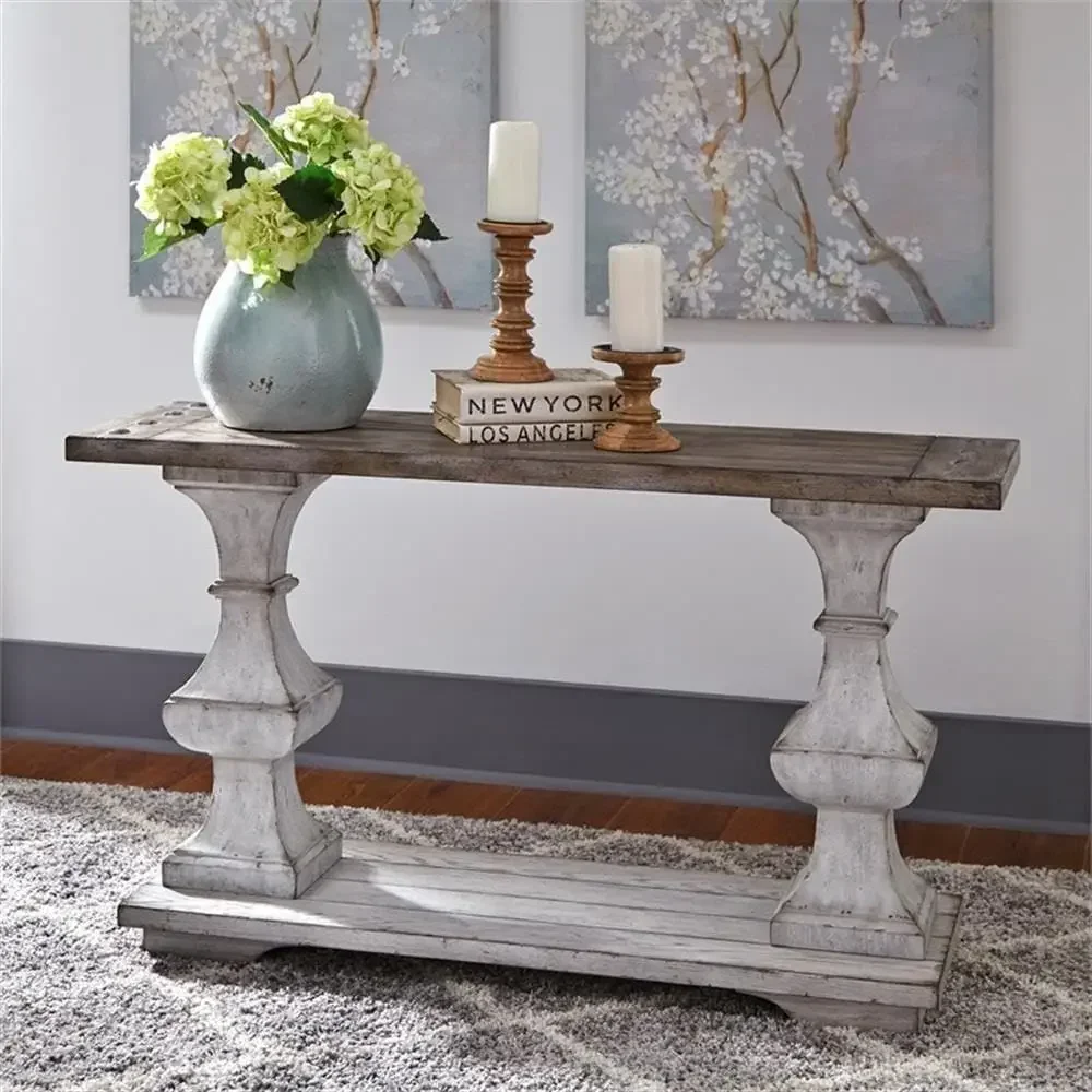 Classic Wooden Sofa Table, Distressed White Finish, Square Legs, Wooden Planked Top and Bottom Shelves, Suitable for Spanish-Sty