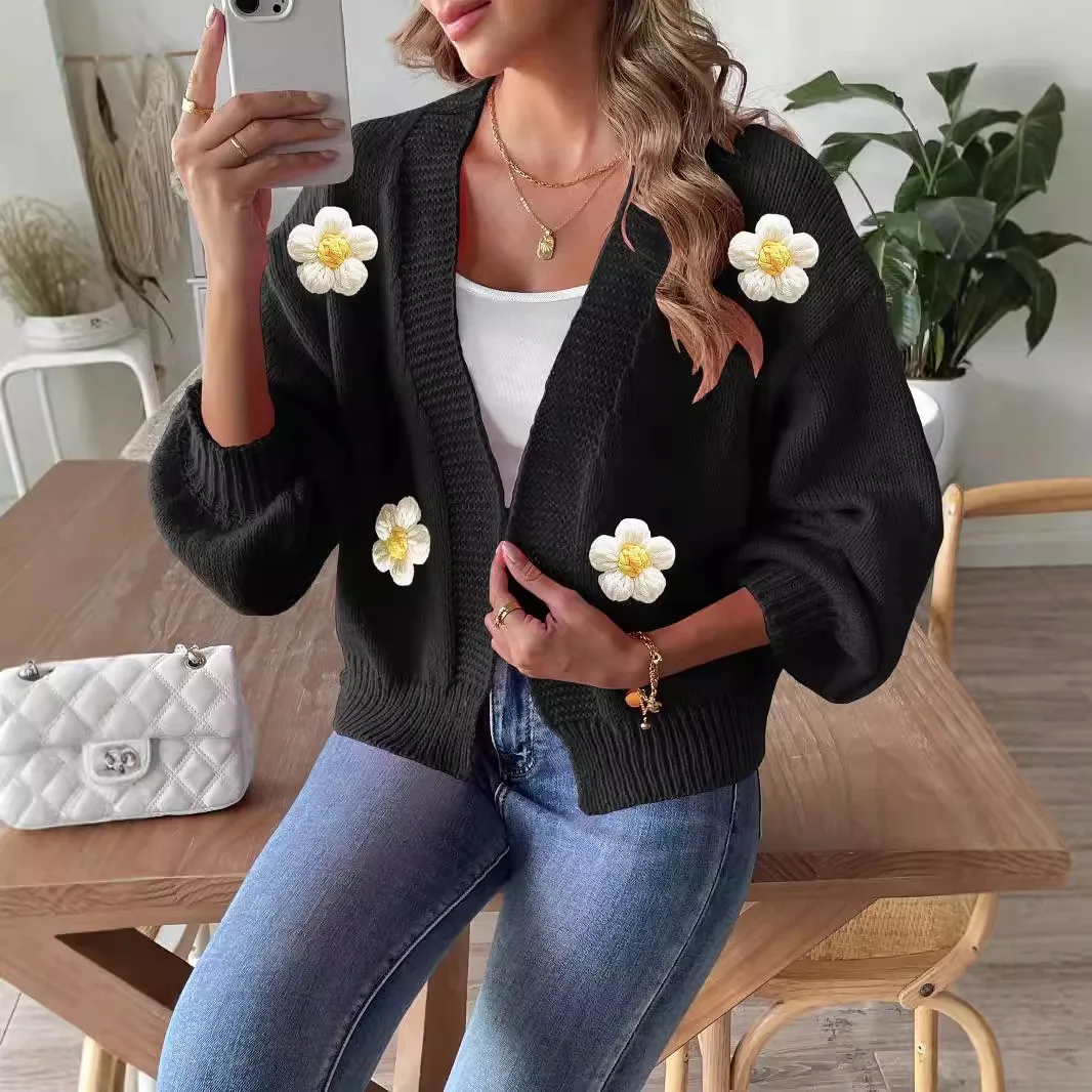 여성 카디건 스웨터 코트 플라워 니트 자켓 V넥 랜턴 슬리브 니트웨어 2025 가을 겨울 캐주얼 니트 아우터