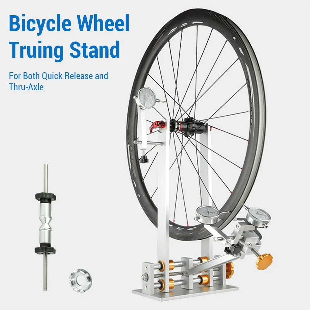 Bicycle Wheel Truing Stand Bike Wheel Alignment Repair Tool with Dial Gauge for Quick Release and Thru-Axle for Cycling Repair