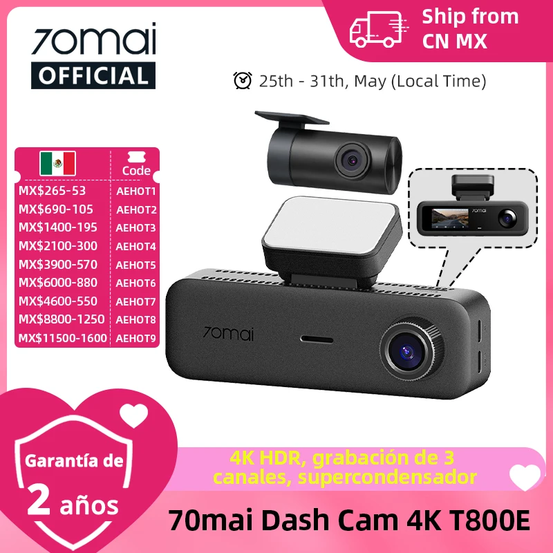 【Almacén de México/ Polaco】70mai T800E DVR de coche de 3 canales delantero 4K + trasero 1080P + interior 1080P HDR Supercondensador 24H Vigilancia de aparcamiento GPS WiFi 6 Control de voz