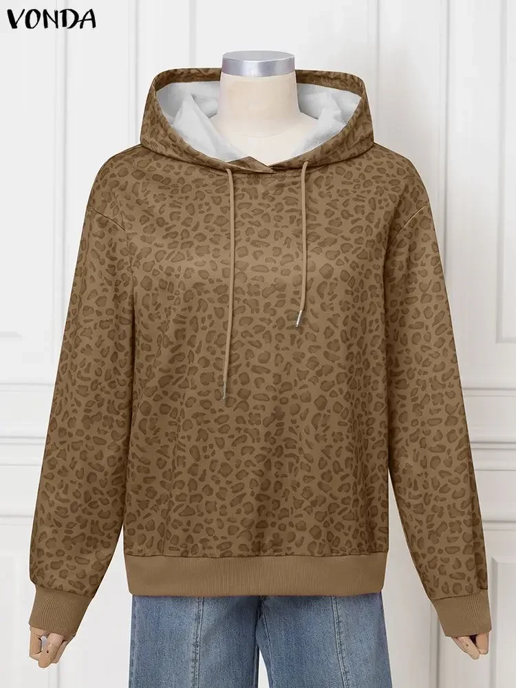 

VONDA женские осенние толстовки с леопардовым принтом, толстовки 2025, модные повседневные свободные винтажные элегантные топы с длинными рукавами и капюшоном, джемперы