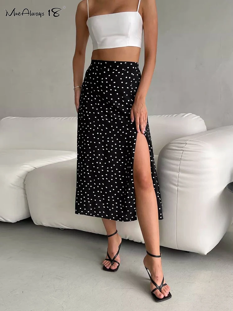 Mnealways18 Fashion Polka Dot High Waist Skirts For Womens Causal A-Line Split Midi Skirts High Street Ladies Slit Skirts 2024