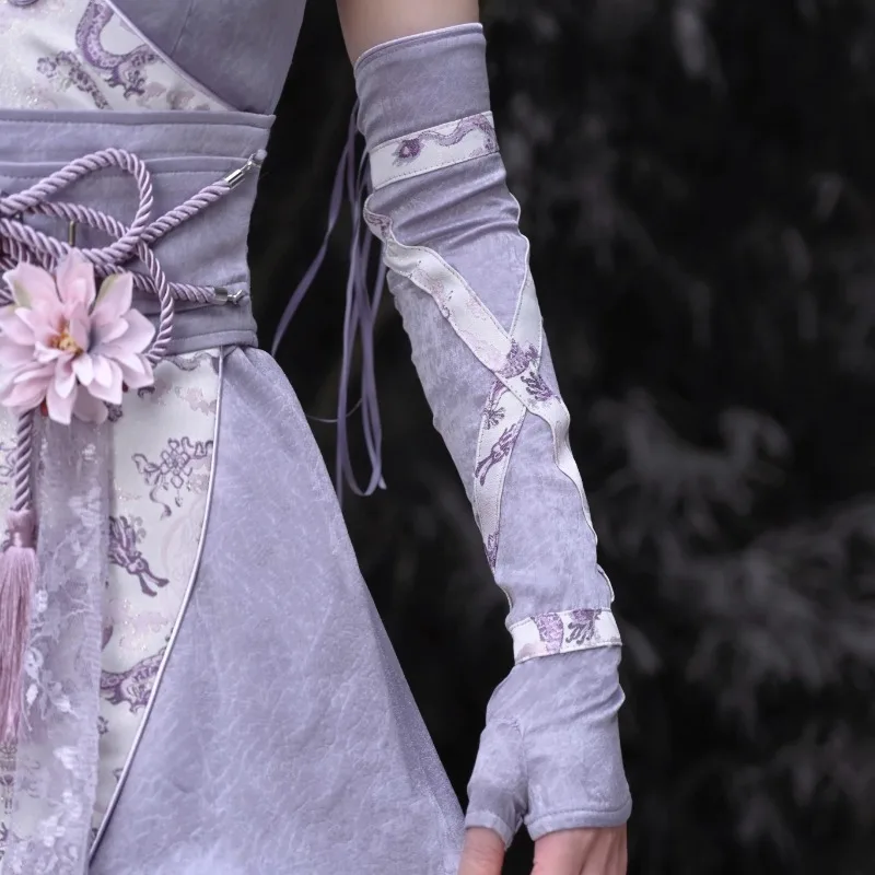 Summer Japanese Fashion Design Strap Arm Warmer Dragon Pattern Jacquard Chinese Style All-Match Flab Hiding Lace-up Oversleeve