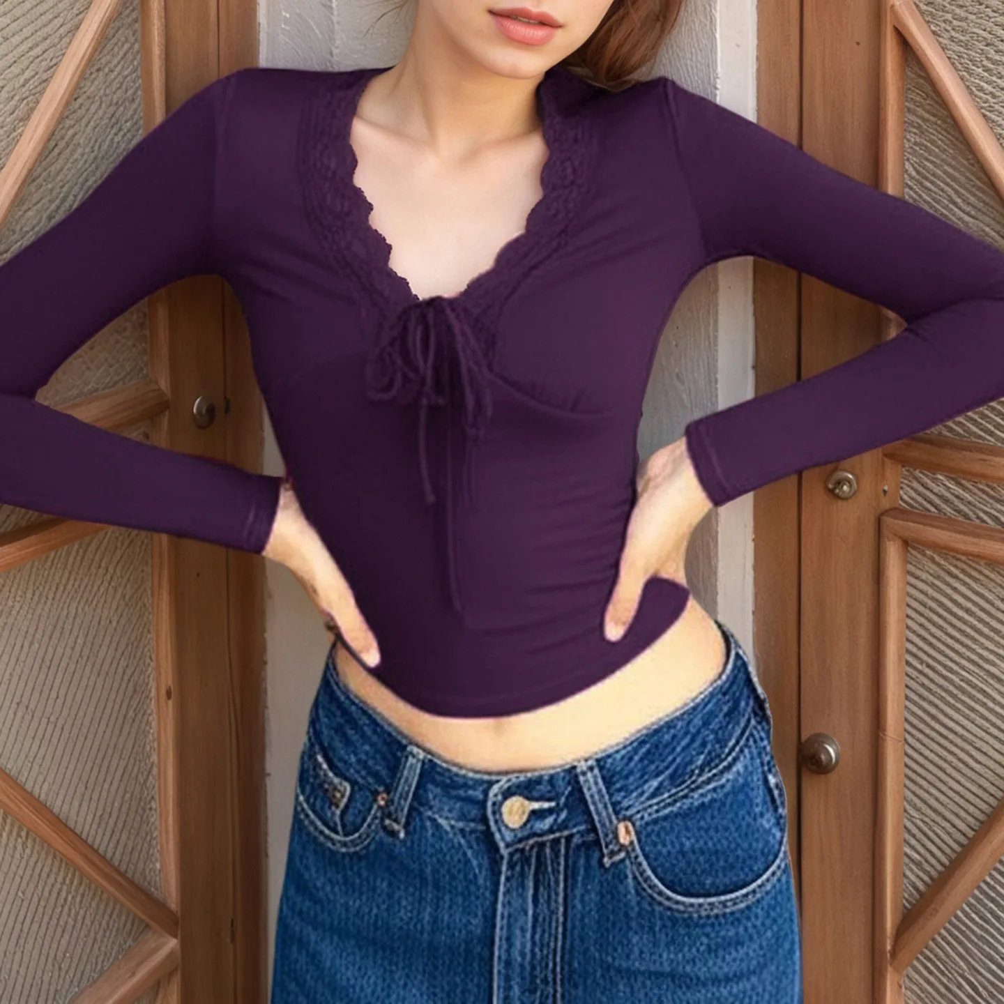 

Zeyla женская кружевная лоскутная футболка с длинными рукавами и бантом, новая мода, облегающий базовый топ, повседневная повседневная одежда в евро-американском стиле