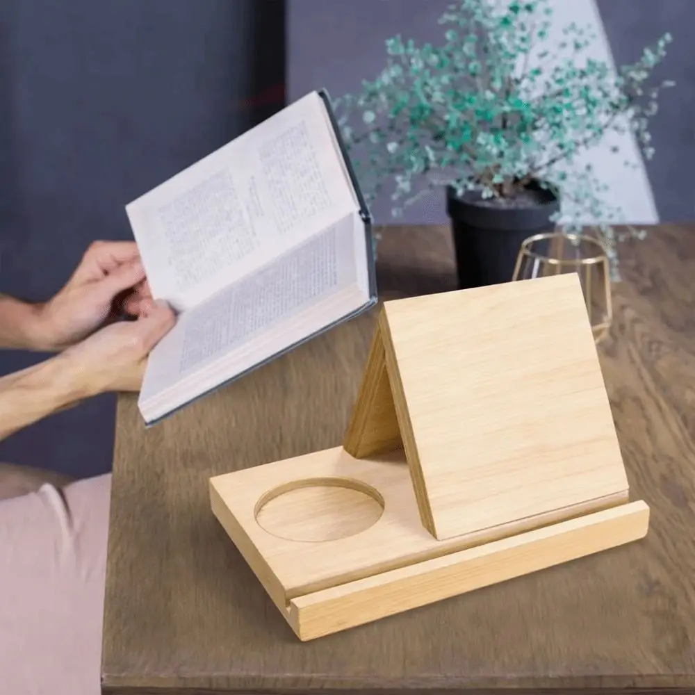 Modern 2 in 1 Triangle Wooden Book Holder Decorative Sturdy Reading Stand Simple with Cup Holder Magazine Rack Bookstore