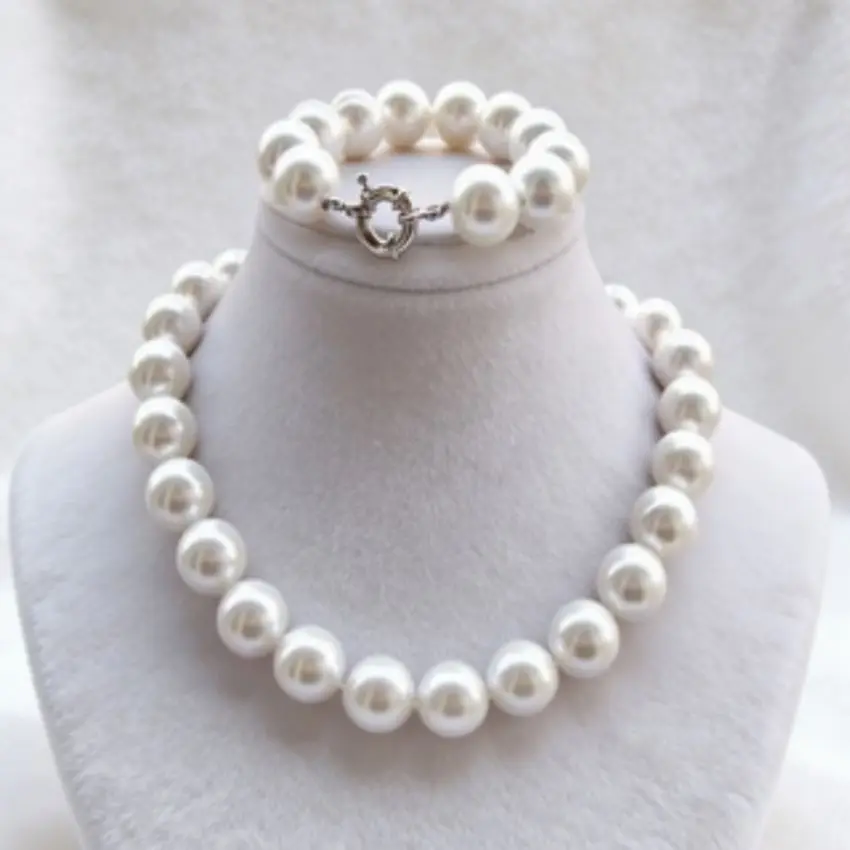 

Huge 12mm White South Sea Shell Pearl Necklace Bracelet Set Gift Amulet Energy Dragon Reiki Choker Tibetan Cross Jewellery Men